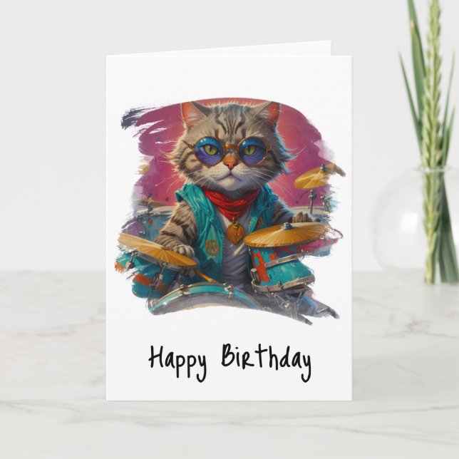 *~* Cool Cat DRUMMER AP91 Hip Birthday Card (Front)