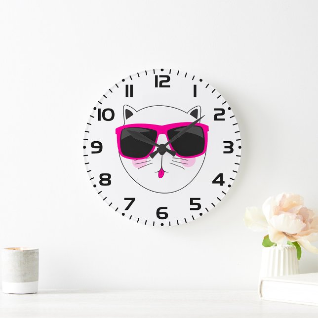 Cool Cat Face with Pink Sunglasses Cute Kitty  Large Clock (Creator Uploaded)