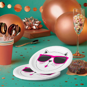 Cool Cat Face with Pink Sunglasses Cute Kitty Paper Plate