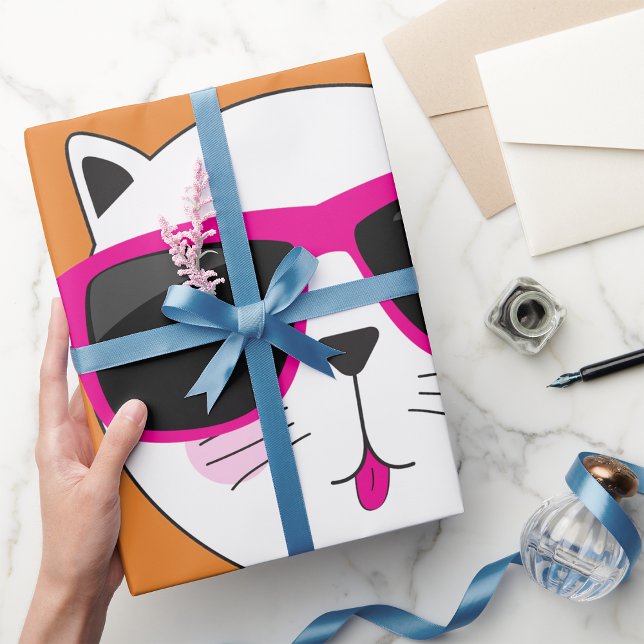 Cool Cat Face with Pink Sunglasses Cute Kitty  Wrapping Paper (Creator Uploaded)