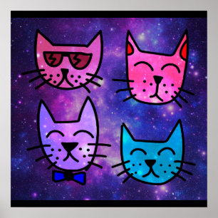 Cool Cat Faces on a Space Background Poster