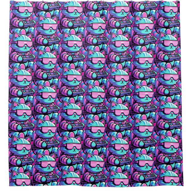Cool Cat Gamer Shower Curtain (Front)