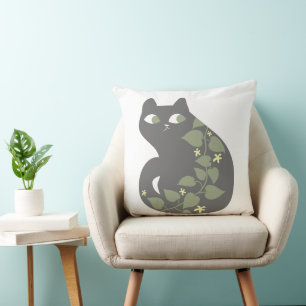 Cool Cat Green Yellow Flowers Leaves Retro Pillow