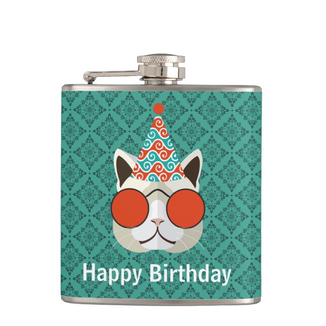 Cool Cat Happy Birthday Hip Flask (Front)
