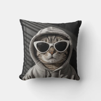 Cool Cat in Hoodie and Sunglasses Throw Pillow