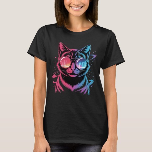 Cool Cat in Shades – Splatter Effect Tech Design T-Shirt (Front)