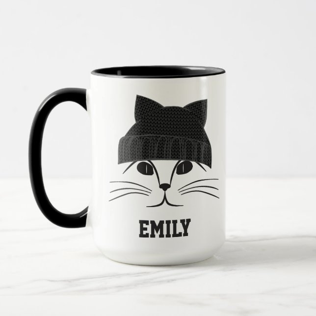 Cool Cat in Wool Hat Personalised Mug (Left)