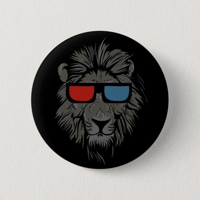 Cool Cat Lion with 3-D glasses black button pin (Front)
