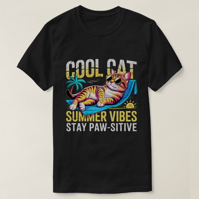 Cool Cat Lover Summer Vibes Funny Tee (Design Front)