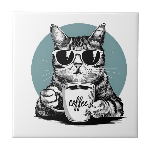 Cool Cat Mornings � Coffee, Shades & Attitude Ceramic Tile (Front)