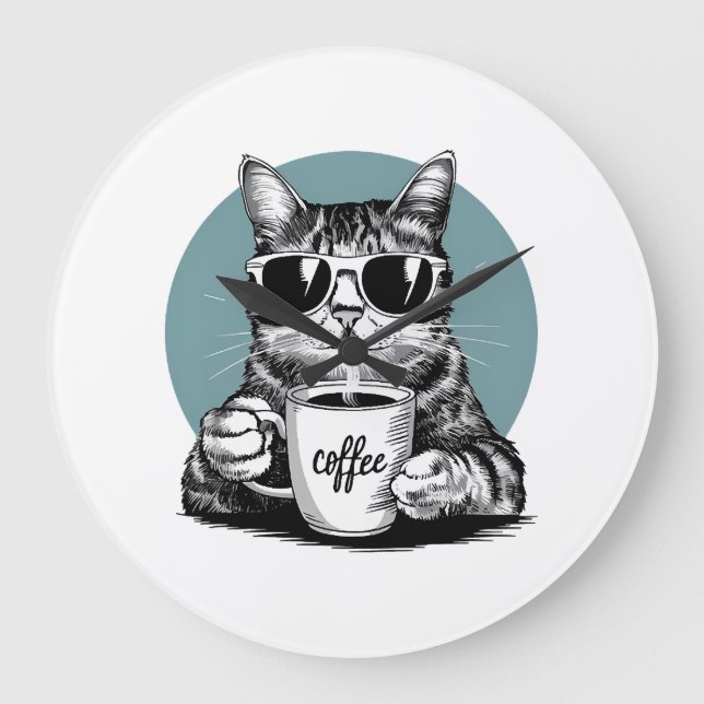 Cool Cat Mornings � Coffee, Shades & Attitude Large Clock (Front)