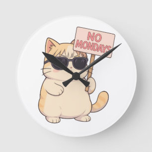 Cool Cat No Mondays Aesthetic Meme Round Clock