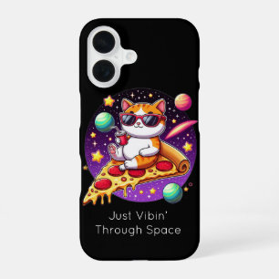 Cool Cat on Pizza in Space iPhone 16 Case