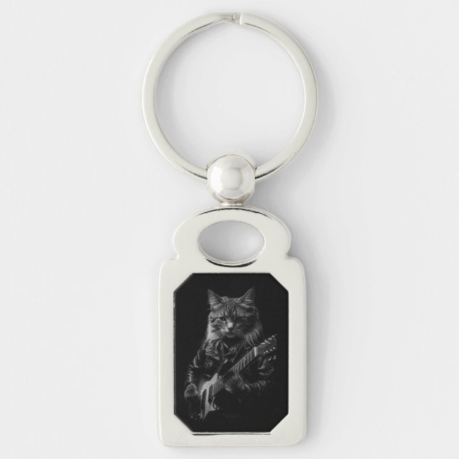Cool Cat Playing Electric Guitar Key Ring (Front)