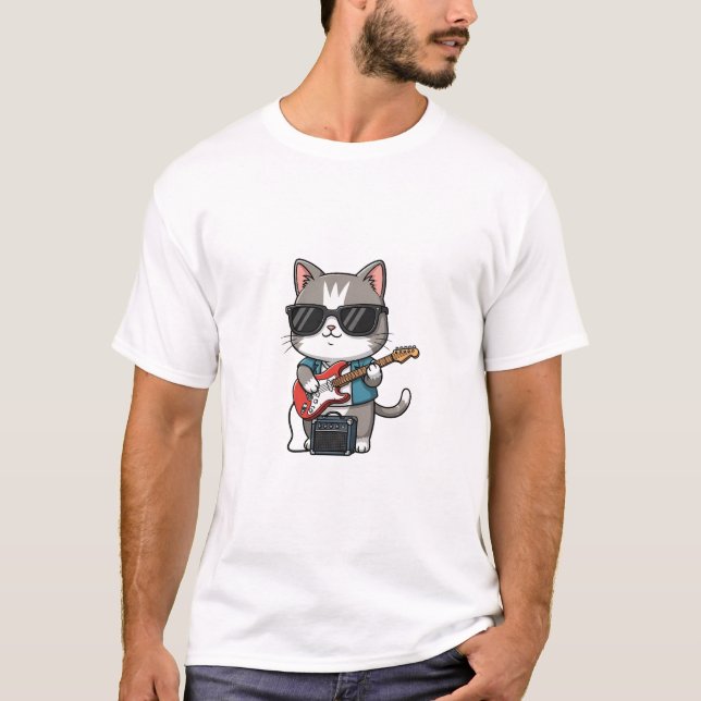 Cool Cat Playing Electric Guitar with Sunglasses T-Shirt (Front)