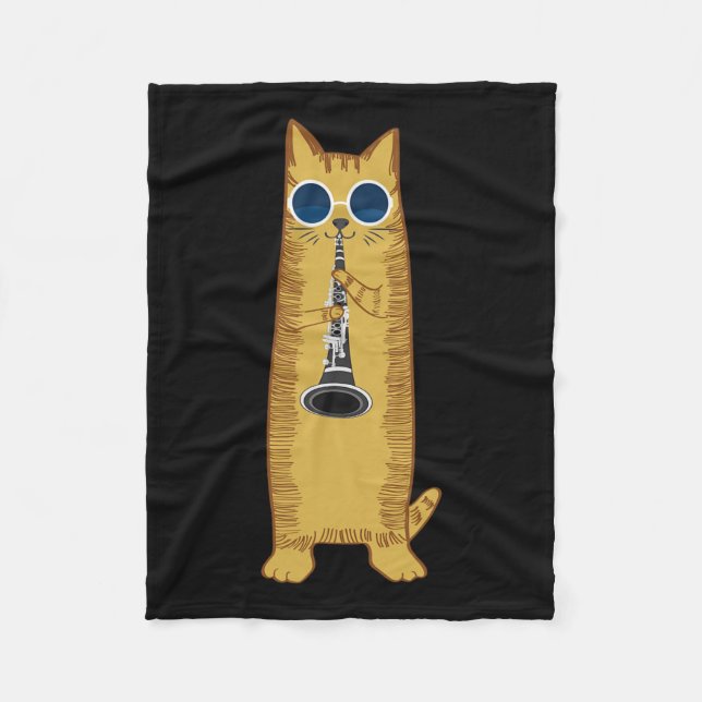 Cool Cat Playing The Clarinet Design Hippy Hipster Fleece Blanket (Front)