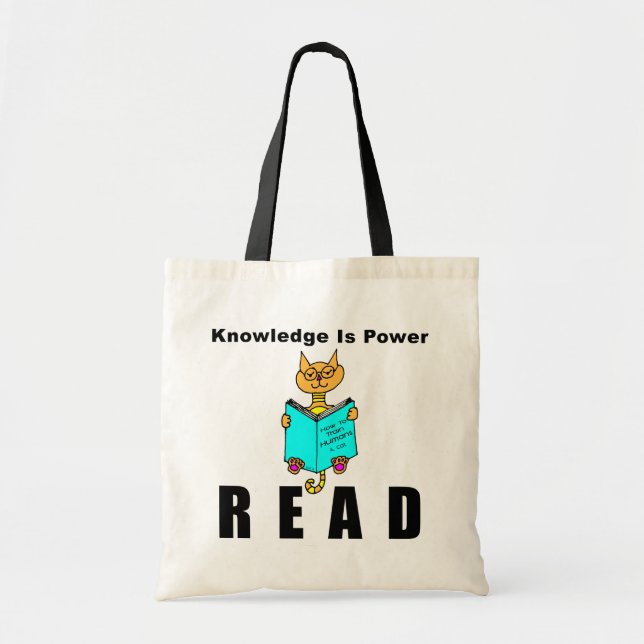 Cool Cat Reading Knowledge Is Power Tote Bag (Front)
