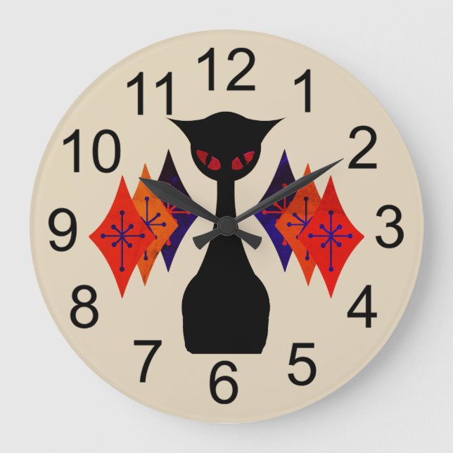 Cool Cat Red Eye Mid Century Retro Wall Clock (Front)
