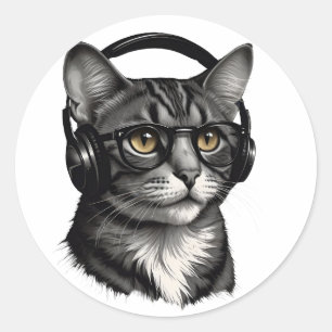 COOL CAT WEARING HEADPHONE'S CLASSIC ROUND STICKER