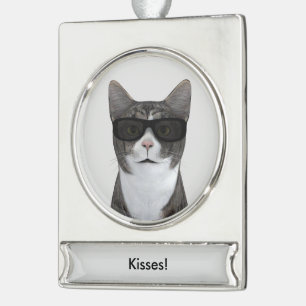 Cool Cat With Black Sunglasses Silver Plated Banner Ornament