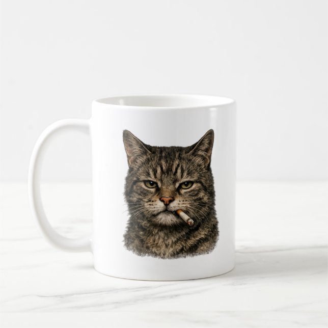 Cool Cat with Cigarette" Vintage Style Tabby Cat  Coffee Mug (Left)