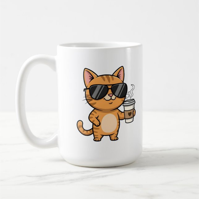 Cool Cat with Coffee – Funny Cartoon Art Coffee Mug (Left)