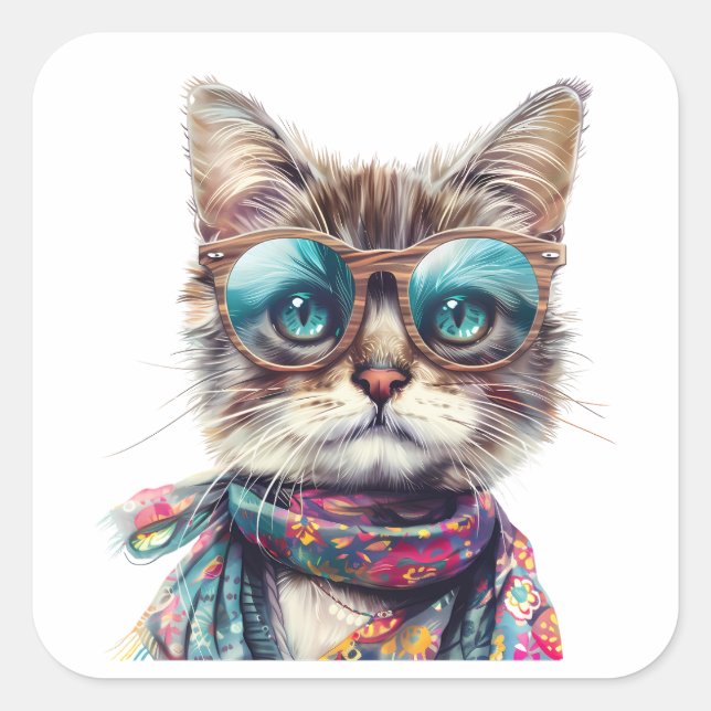 Cool Cat with Glasses Square Sticker (Front)
