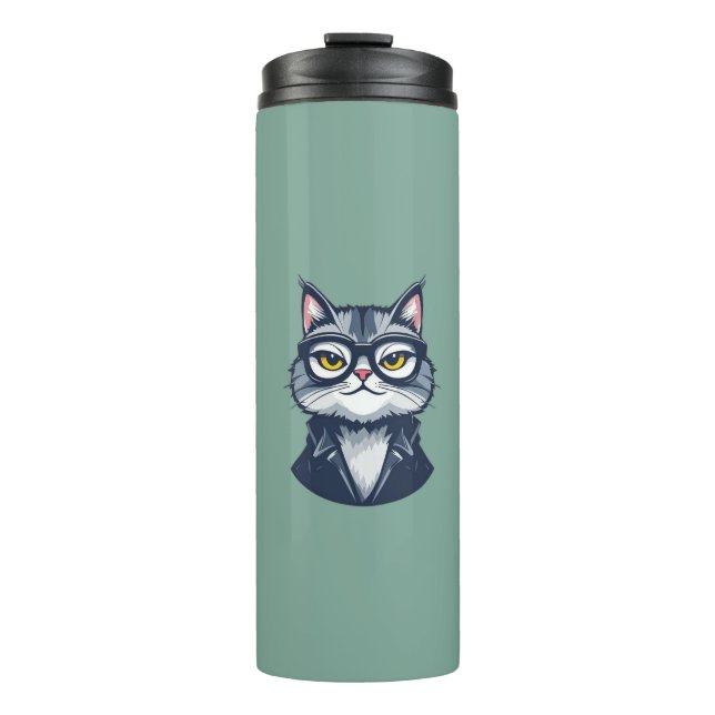 "Cool Cat with Glasses Thermal Tumbler" Thermal Tumbler (Front)