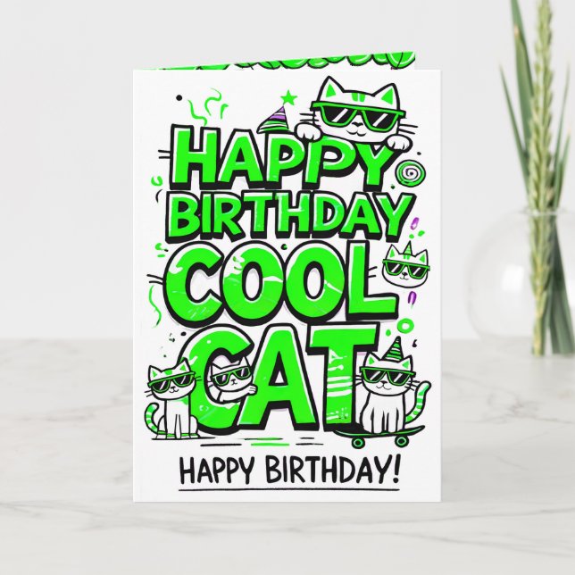 Cool Cat with Green Shades Birthday card (Front)