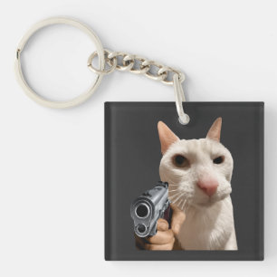 Cool Cat With Gun Funny Meme t-shirt Key Ring