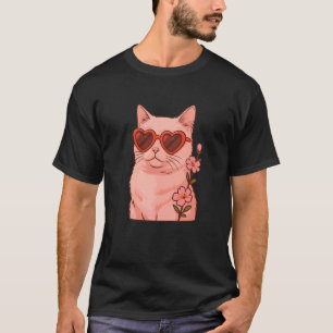 Cool Cat with Heart Glasses Cute Floral Style, Lov T-Shirt
