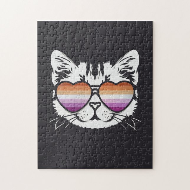 Cool Cat with Lesbian Flag Glasses Funny Sapphic Jigsaw Puzzle (Vertical)