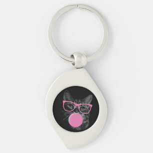 Cool Cat with Pink Glasses & Bubble Gum  Key Ring