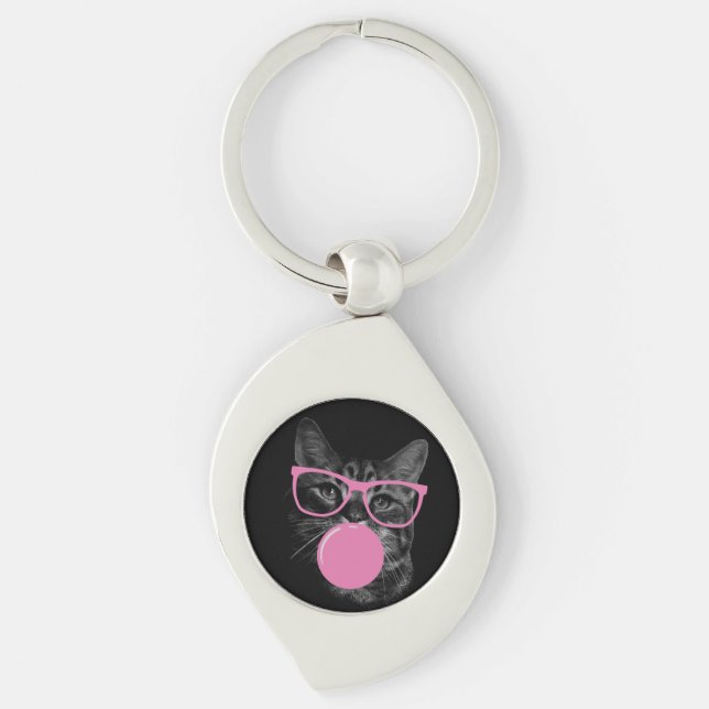 Cool Cat with Pink Glasses & Bubble Gum  Key Ring (Front)