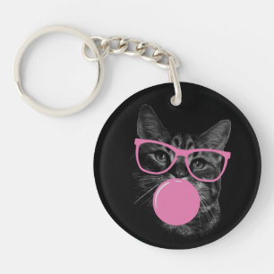 Cool Cat with Pink Glasses & Bubble Gum Key Ring