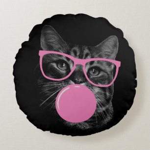 Cool Cat with Pink Glasses & Bubble Gum Round Cushion