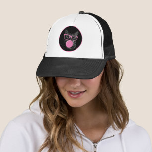 Cool Cat with Pink Glasses & Bubble Gum  Trucker Hat