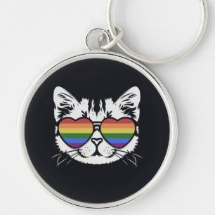 Cool Cat With Pride LGBT Flag Glasses Key Ring