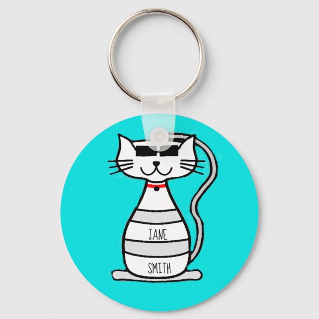 Cool Cat with sunglasses personalised name Key Ring (Front)