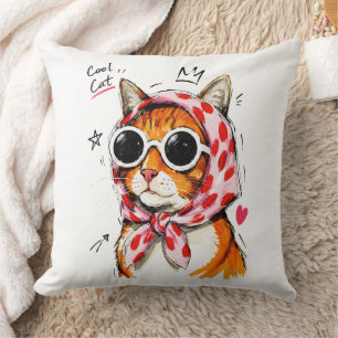Cool Cat with Sunglasses & Polka Dot Headscarf Cushion
