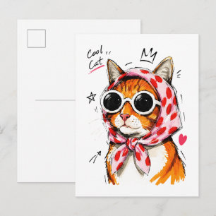 Cool Cat with Sunglasses & Polka Dot Headscarf Postcard