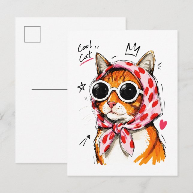 Cool Cat with Sunglasses & Polka Dot Headscarf Postcard (Front/Back)