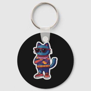 Cool Cat With Sungles Retro Style Funny Animal Key Ring