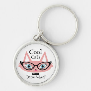 Cool Cats Drive Sober Keychain Pink Retro Cat