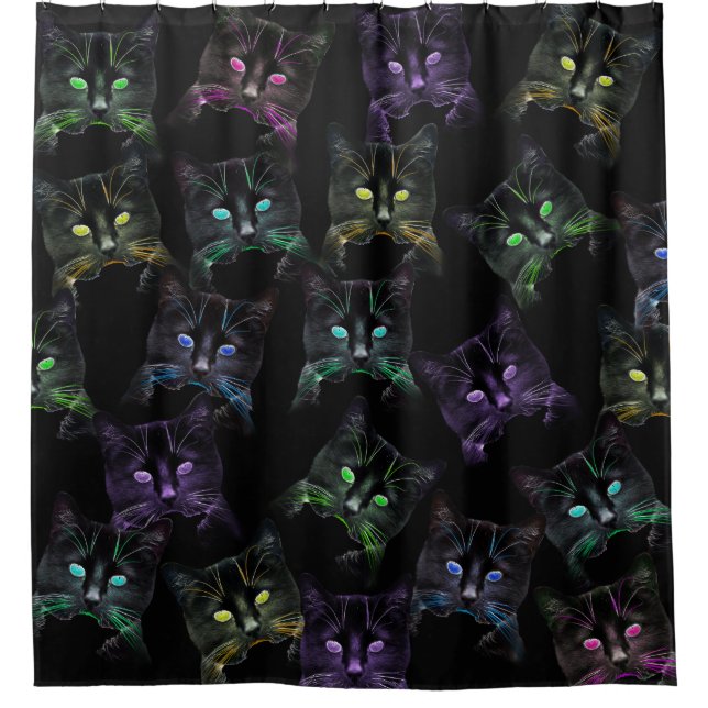 Cool Cats on Black! Multi-Coloured Funky Cats. Shower Curtain (Front)