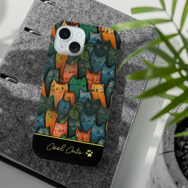 Cool Cats Watercolor Colourful Black iPhone 15 Case (Cool Cats Watercolor Colorful Black iPhone 15 Case)