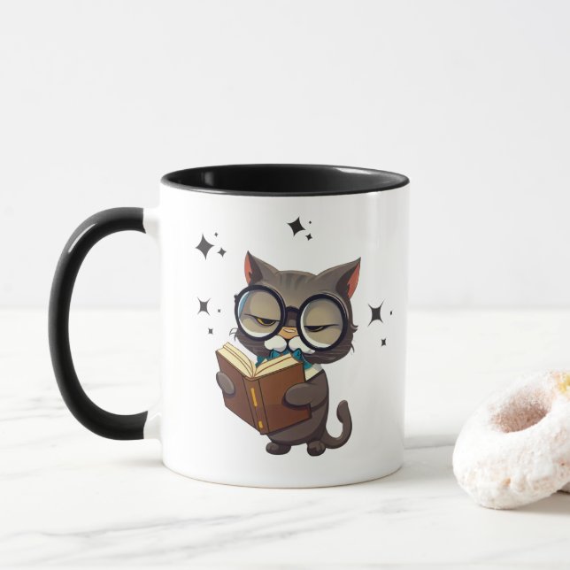 Cool Cats Wearing Glasses Read Books Mug (With Donut)