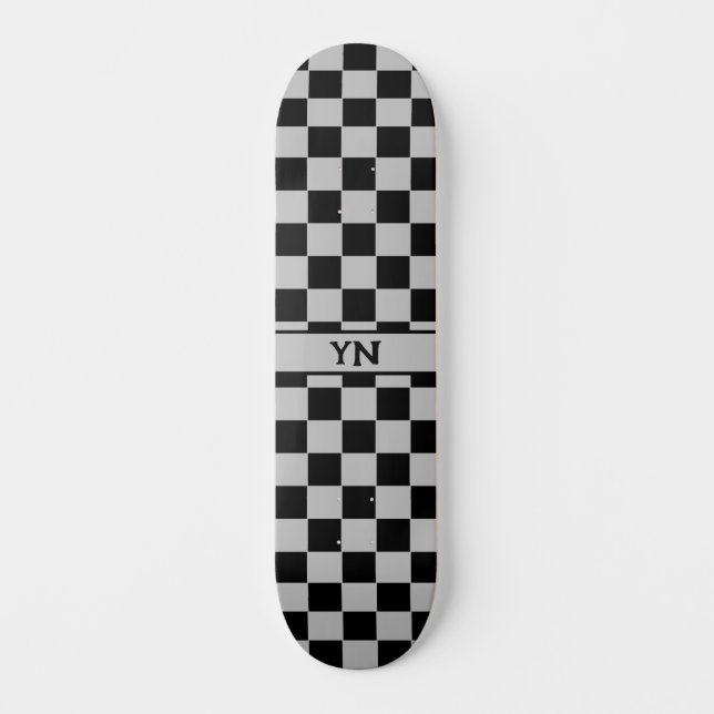 Cool Chequered Black and Grey Name Initials  Skateboard (Front)