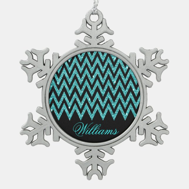 Cool chevron zigzag peacock blue  faux glitter snowflake pewter christmas ornament (Front)