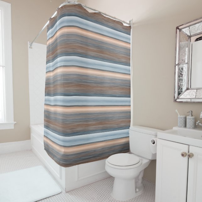 Cool Chic Brown Slate Blue Grey Stripes Art Shower Curtain (In Situ)